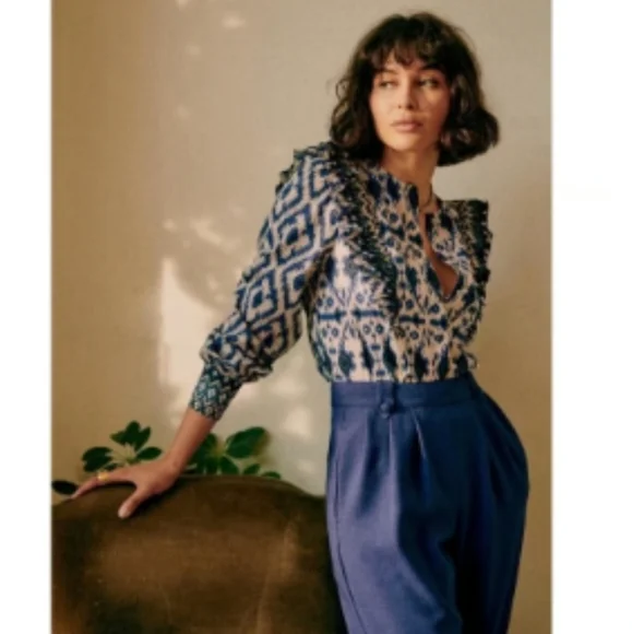 Sezane Printed Ruffle Cotyon Blue Button Down Blouse Size 42 US 10 - Picture 9 of 12